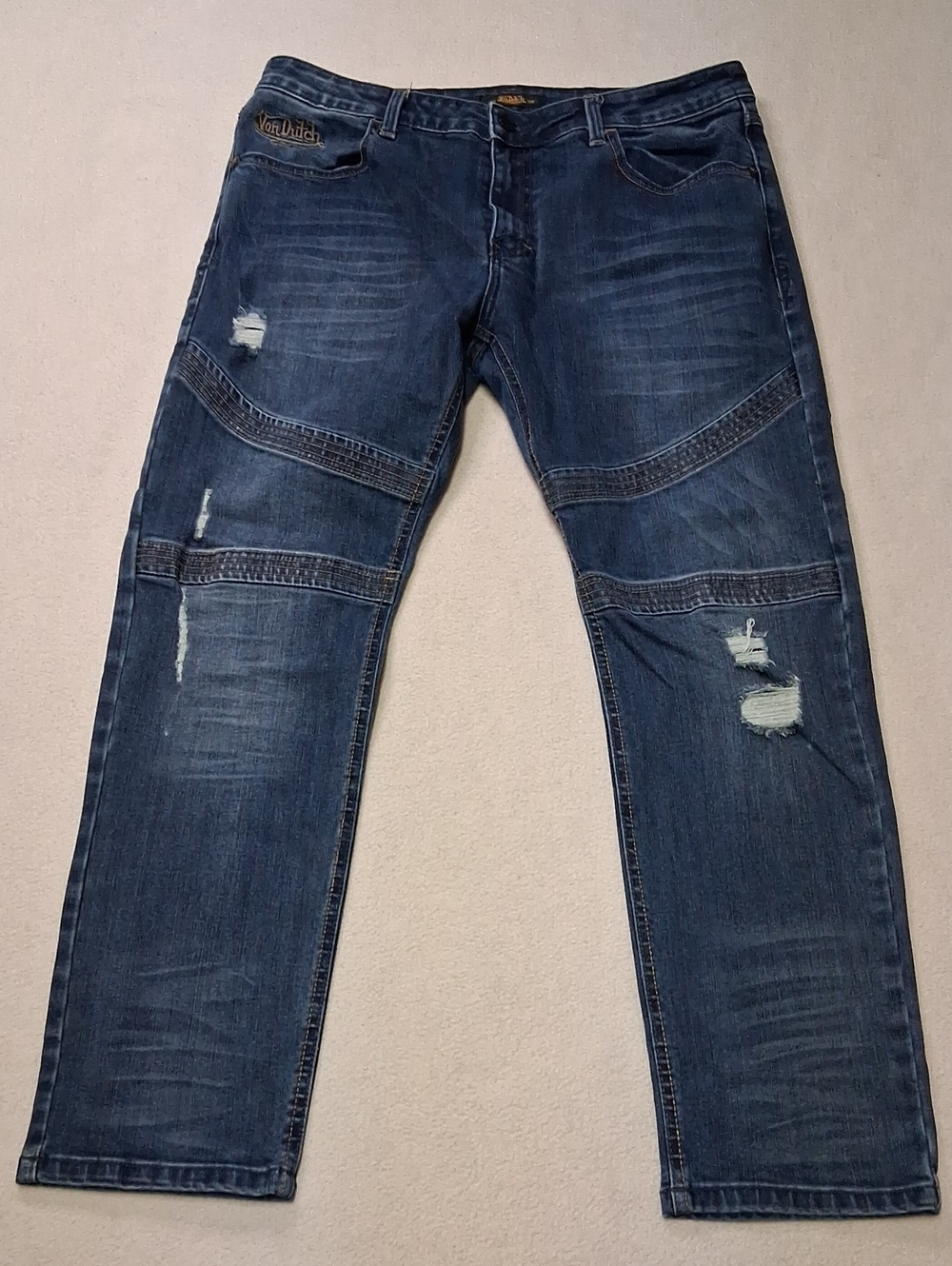 Von Dutch Men's Straight Dark Blue Distressed Jeans